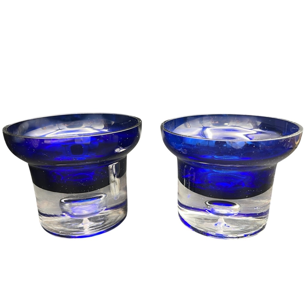 Pair Cobalt Blue Clear Controlled Bubble Art Glass Votive Candle Holders MCM